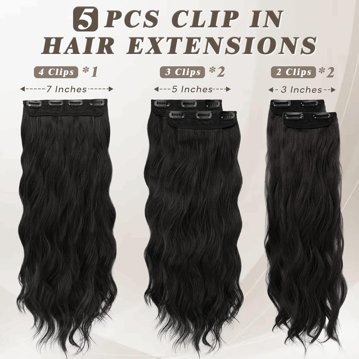 Clip-In Haarverlängerungen Wellig 45cm Naturschwarz 5-teilig