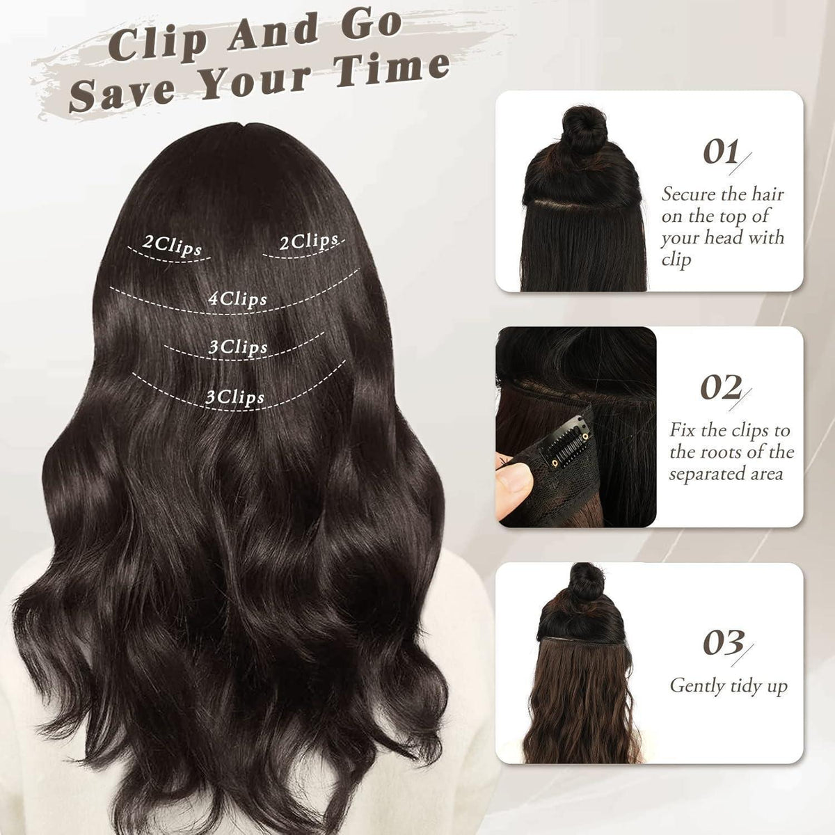 Clip-In Haarverlängerungen Wellig 45cm Naturschwarz 5-teilig