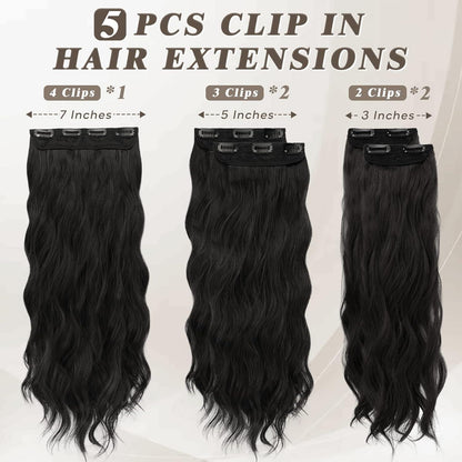 Clip in Haarverlängerungen Schwarz Lange Wellige 5 PCS - 50