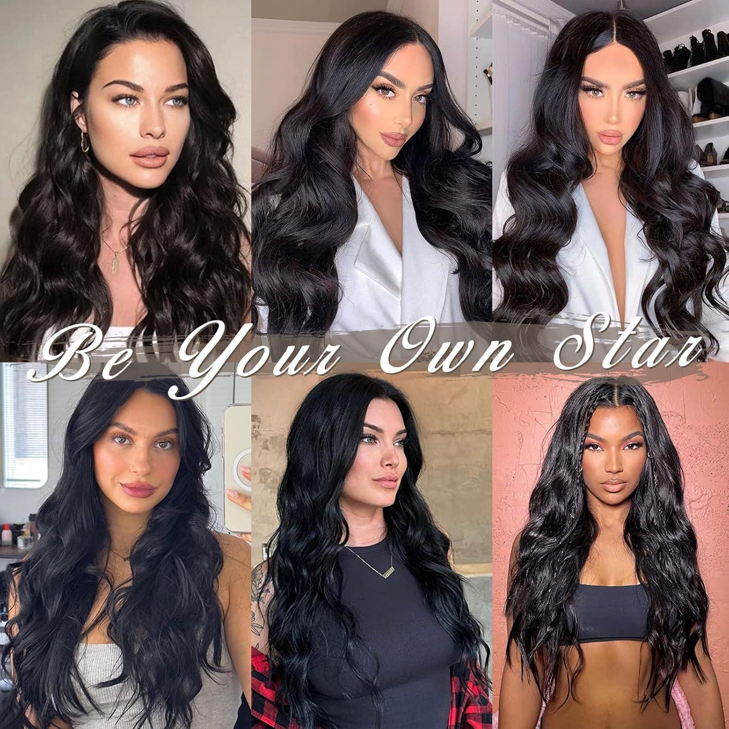 Clip in Extensions Lange Wellige Schwarz Natürliches Weiches Haar 50 cm