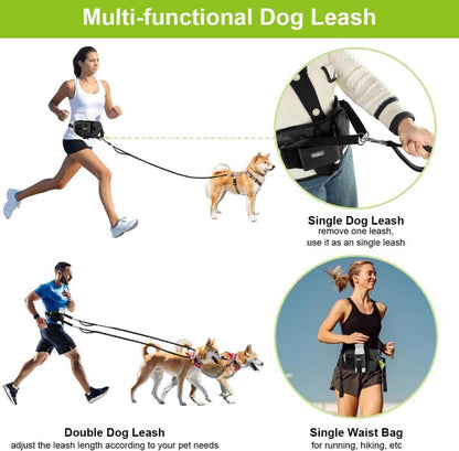 Joggingleine für 2 Hunde mit Bauchgurt, Elastische Laufleine 90-130cm, Reflektierend, Schwarz