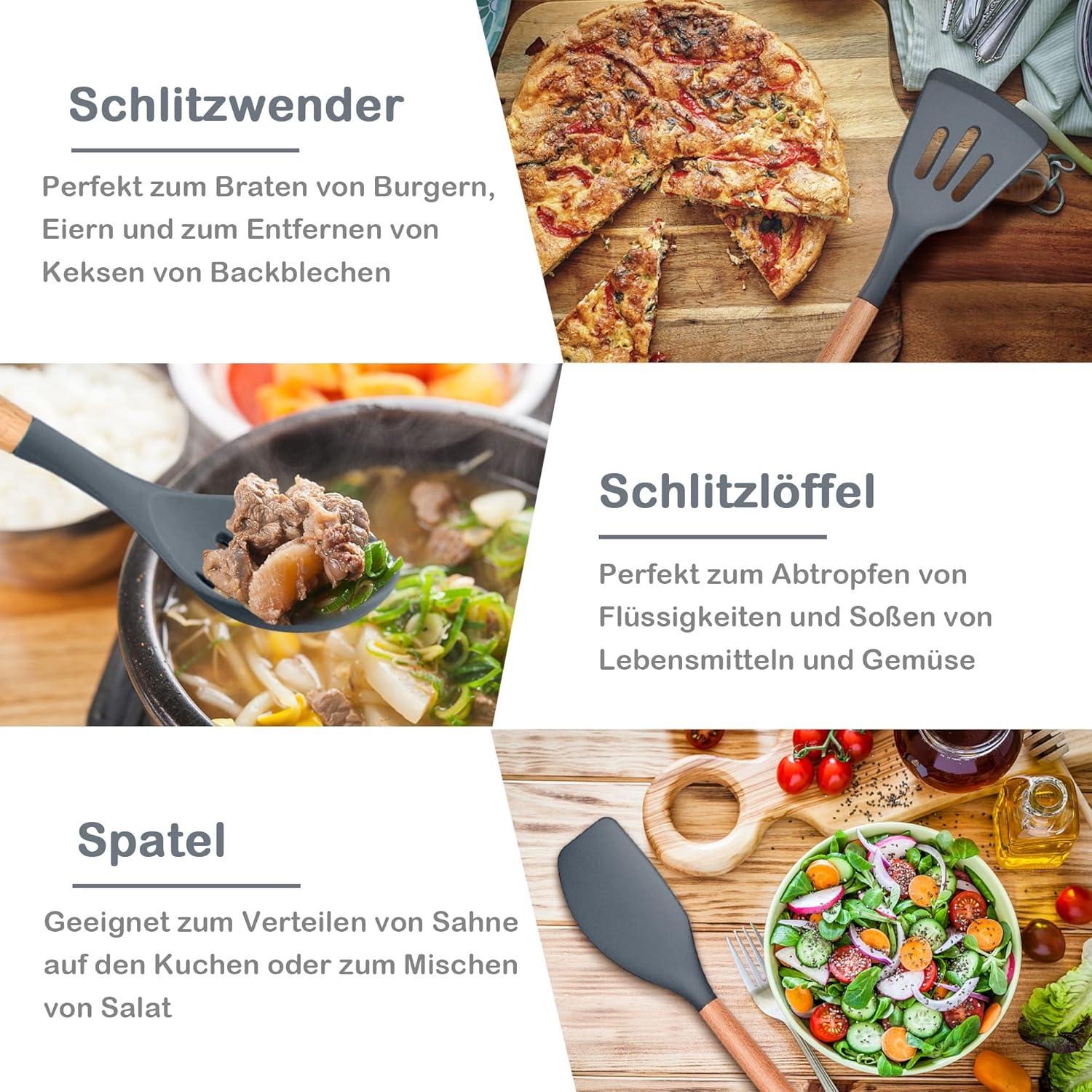Silikon Küchenhelfer Set 6-teilig mit Holzgriff Antihaft Grau