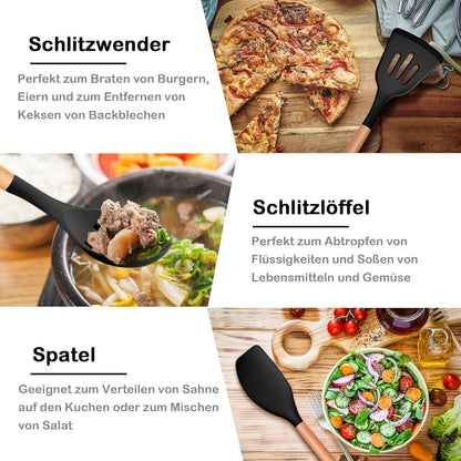 6-teiliges Silikon Kochutensilien Set mit Holzgriff - Schwarz