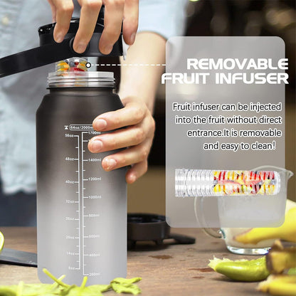 AOHAN Trinkflasche Sport 2l mit Strohhalm und Früchtebehälter BPA-frei Schwarz Grau
