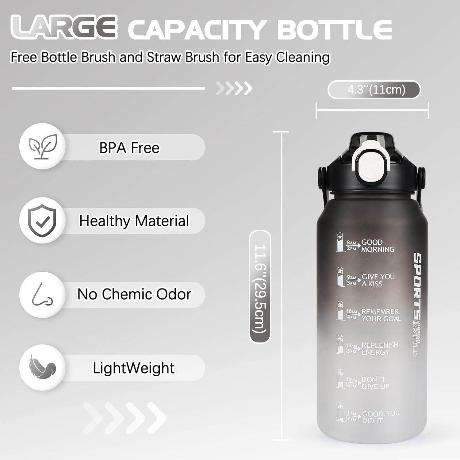 Trinkflasche Sport 2l mit Strohhalm, Früchtebehälter, Zeitmarkierung