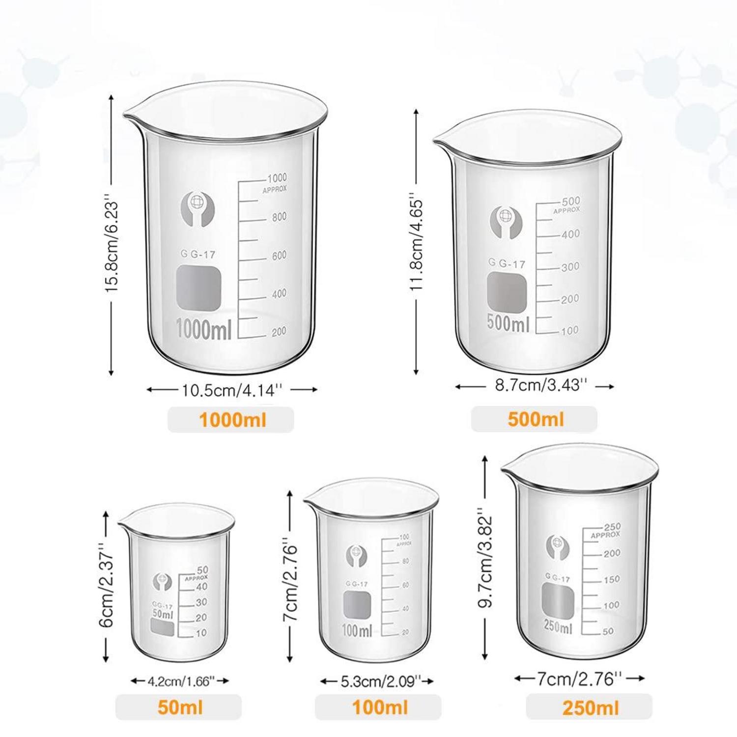Becherglas Set: 5 Stück Dickglas Graduiert, 4 Glas