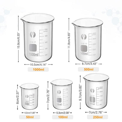 Becherglas Set: 5 Stück Dickglas Graduiert, 4 Glas