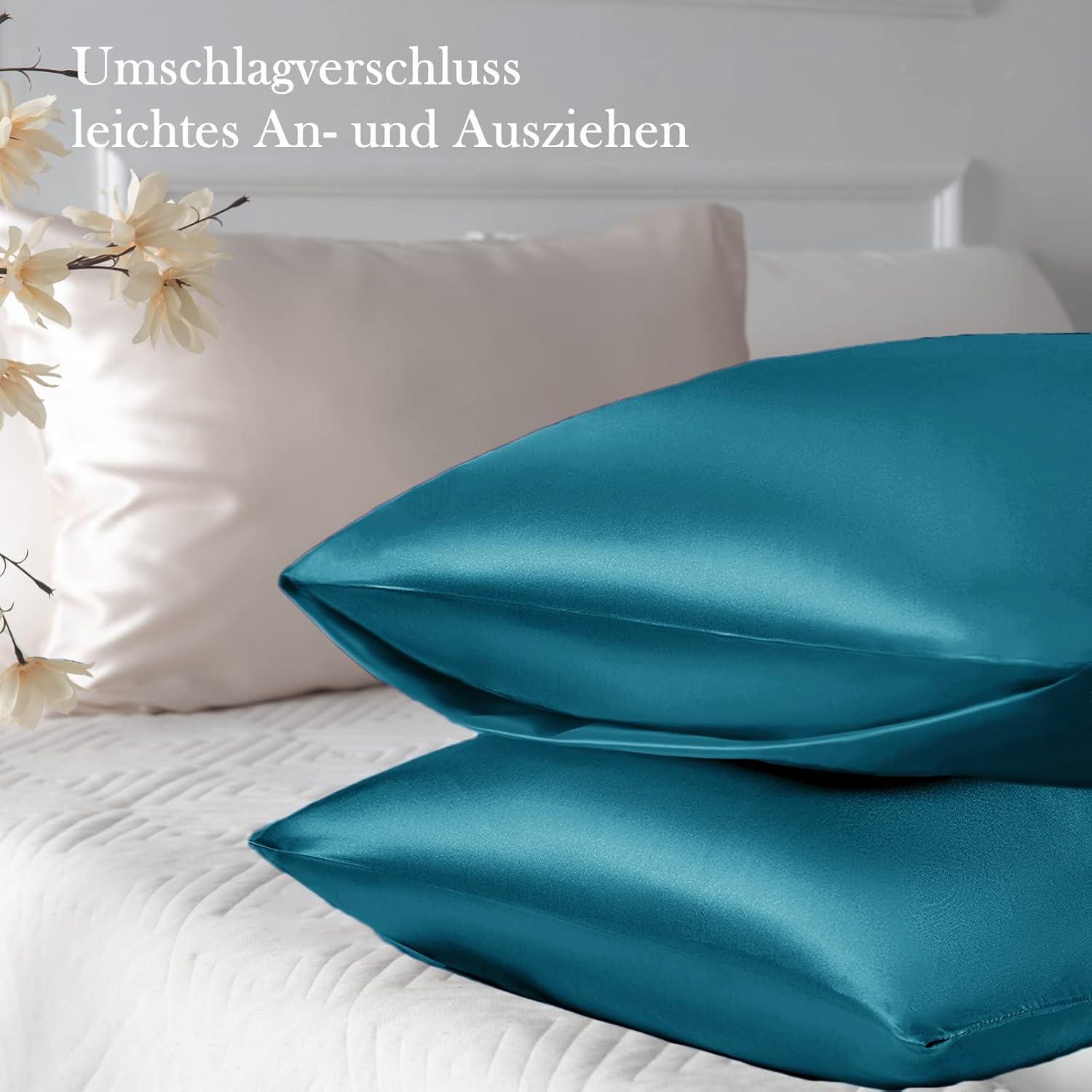 Satin Kissenbezug 2er-Set 50x80 Petrol mit Haargummis