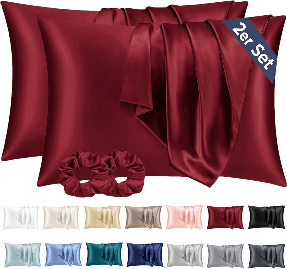 Satin Kissenbezug 50x70 Rot mit Haargummis 2er Set