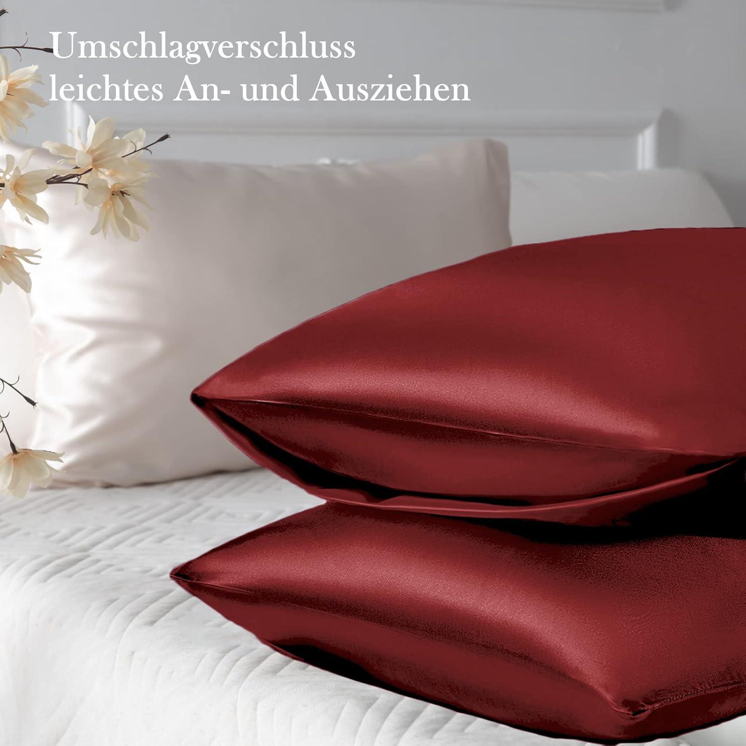 Satin Kissenbezug 50x70 Rot mit Haargummis 2er Set