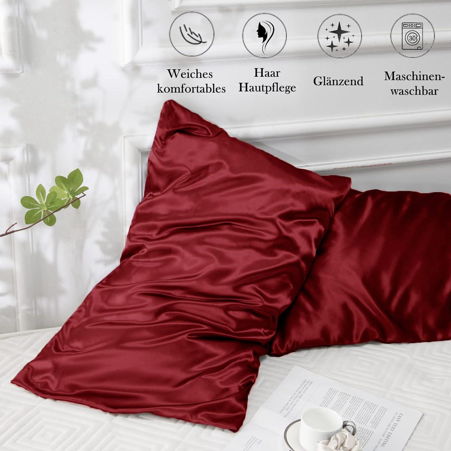 Satin Kissenbezug 50x70 Rot Set mit Haargummis, Hautpflege, Maschinenwaschbar