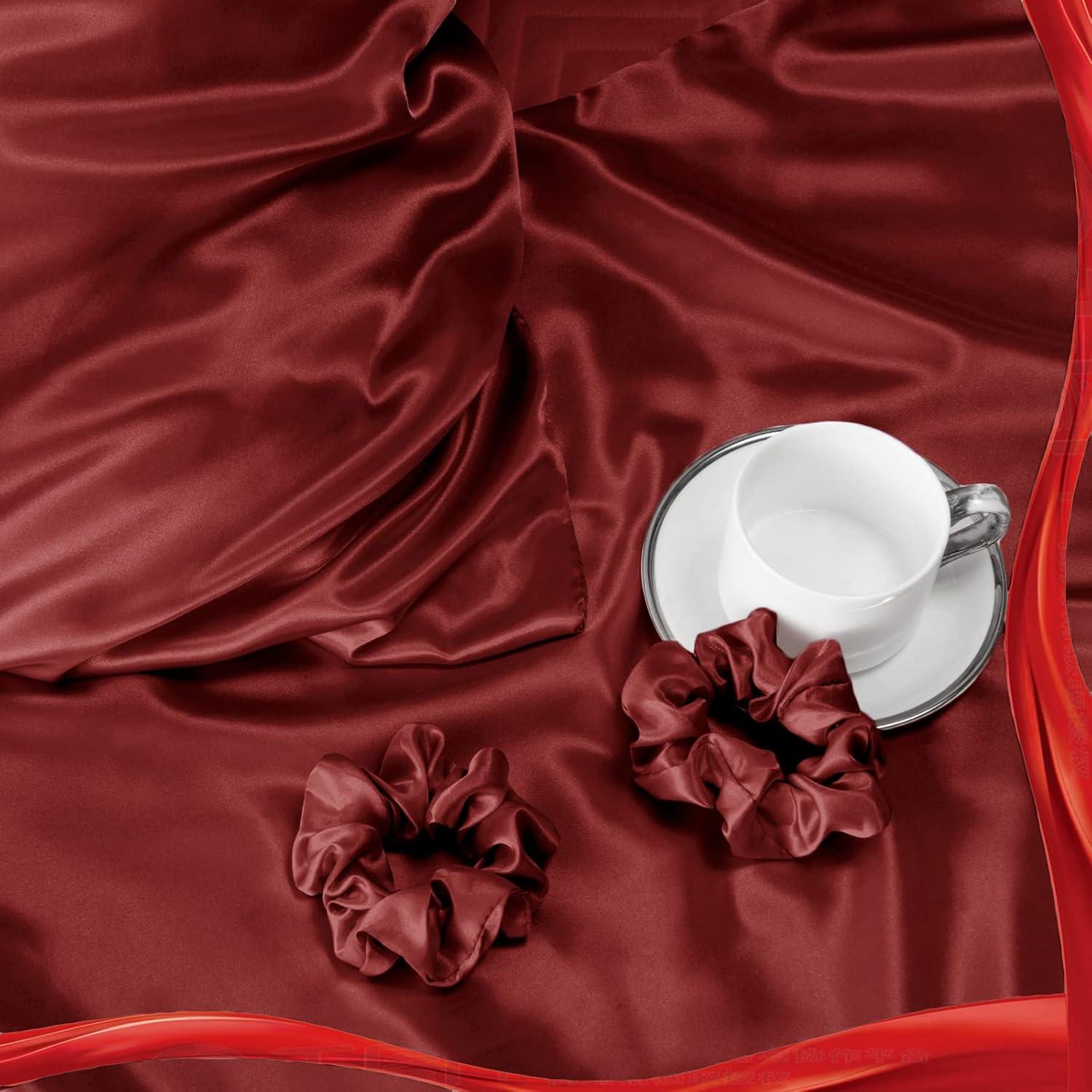 2er Set Satin Kissenbezug 50x70 Rot mit Haargummis, maschinenwaschbar