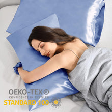 Satin Kissenbezug 50x70 Blau 2er Set mit Haargummis - Pflege