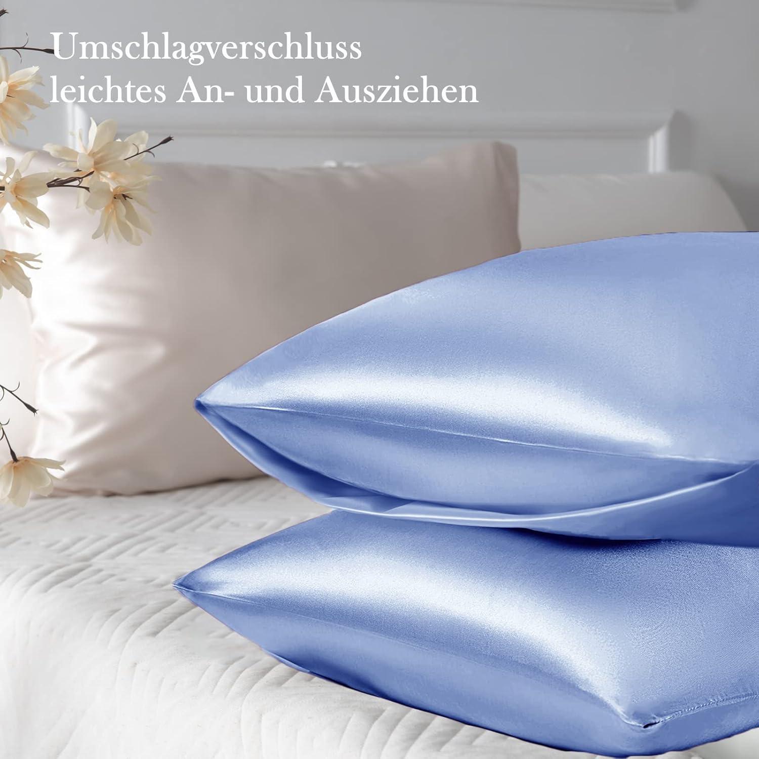 Satin Kissenbezug 50x70 Blau mit Haargummis, Pflege für Haut & Haar