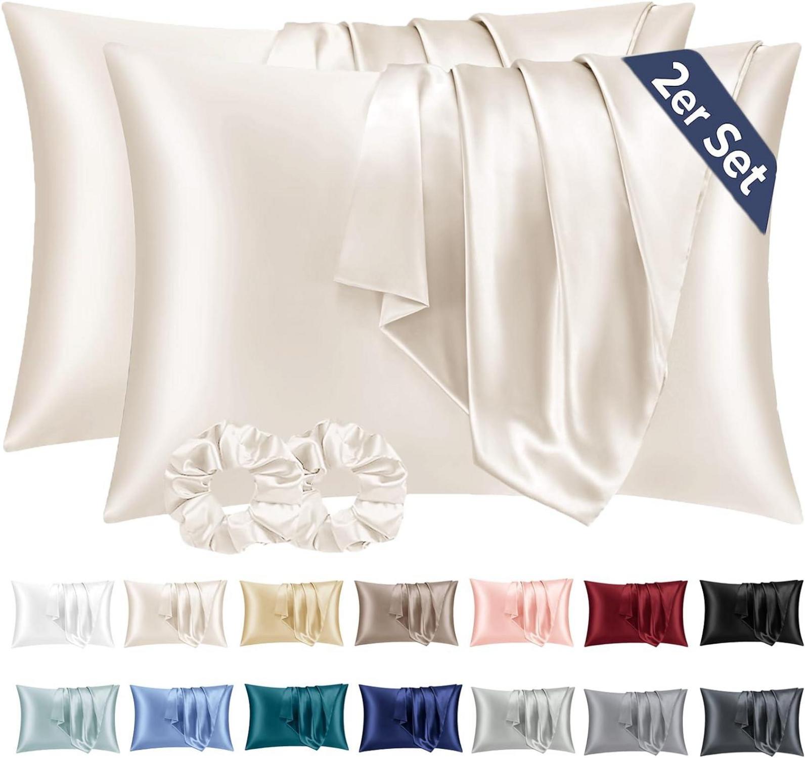 Satin Kissenbezug 50x70 Beige mit Haargummis, Pflege für Haar und Haut