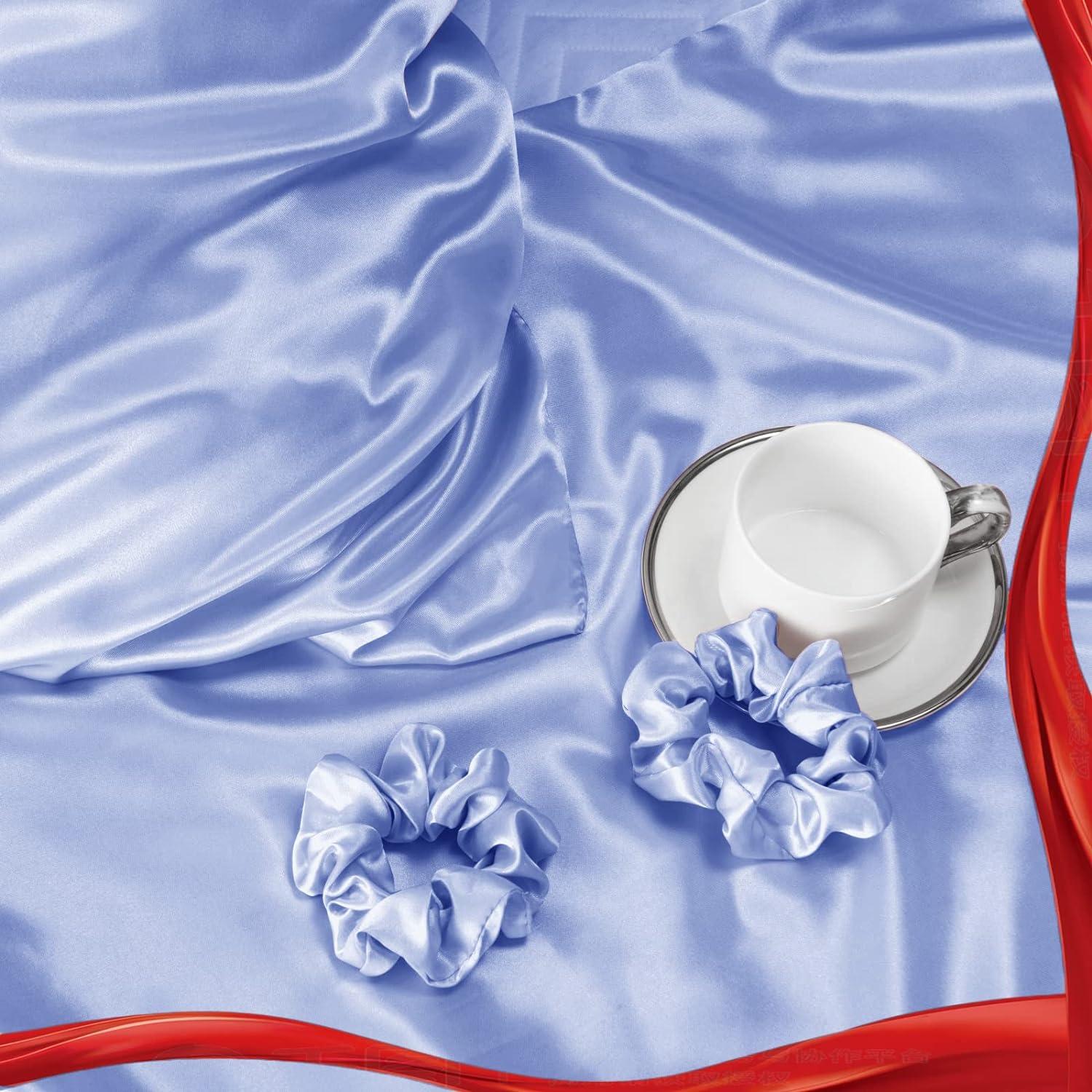Satin Kissenbezug 40x80 Blau 2er Set mit Haargummis