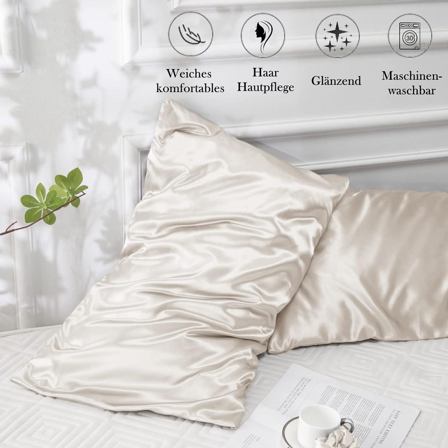 Satin Kissenbezug 50x80 2er Set Beige Haargummis Hautpflege