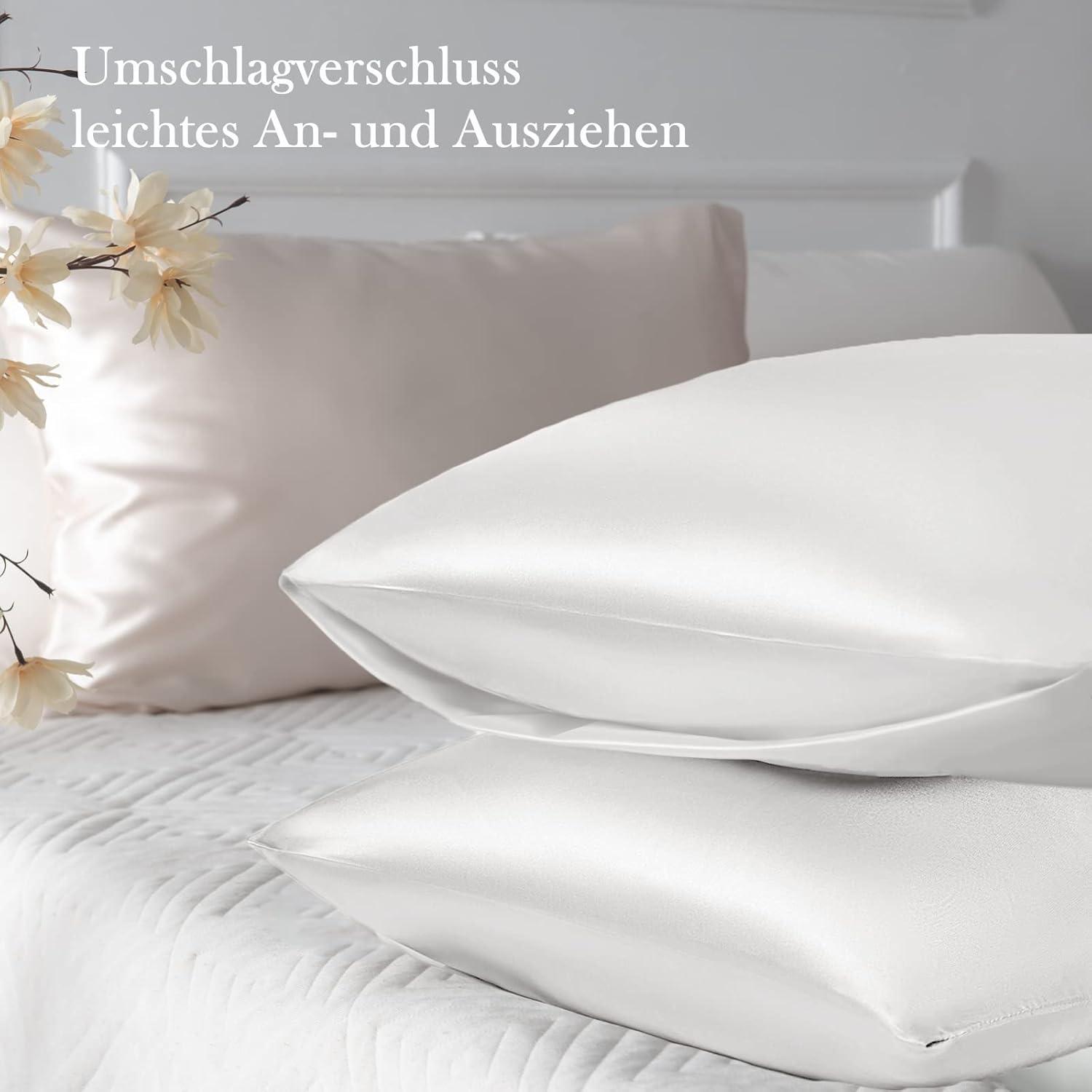 Satin Kissenbezug 2er Set Weiß 50x70 mit Haargummis