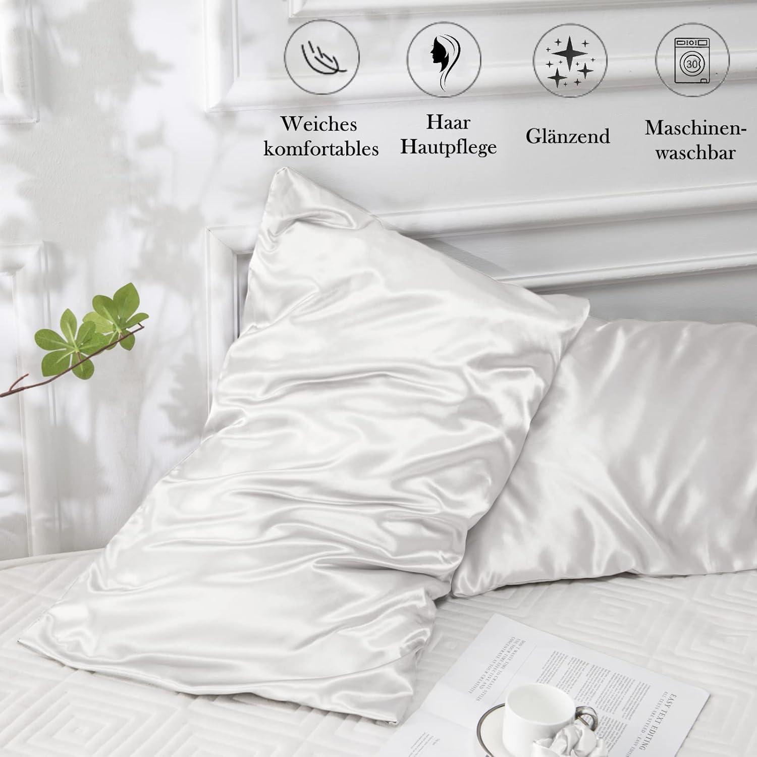 2er Set Satin Kissenbezug 50x70 Weiß mit Haargummis, Pflege-Oase by Vielit