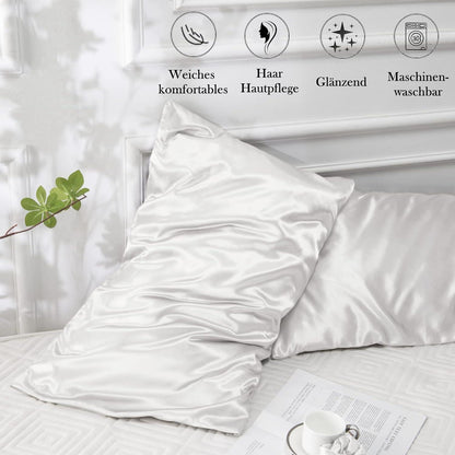 2er Set Satin Kissenbezug 50x70 Weiß mit Haargummis, Pflege-Oase by Vielit