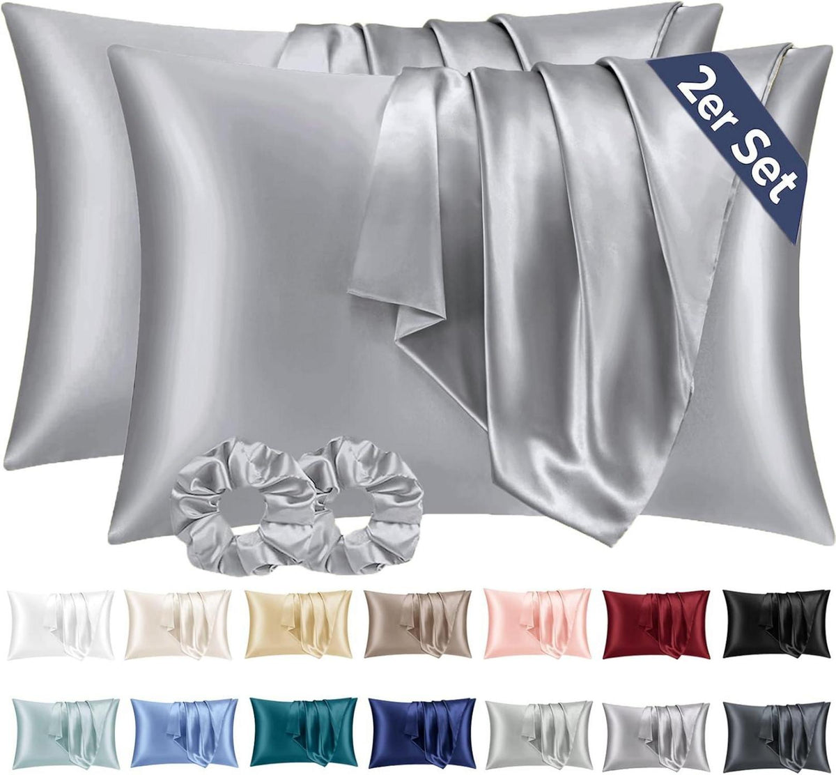 Satin Kissenbezug 2er Set 50x70 Grau Haargummis