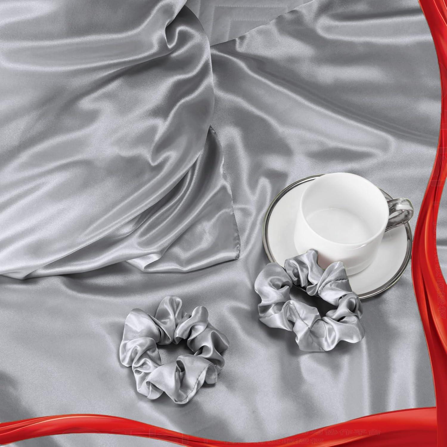Satin Kissenbezug 2er Set 50x70 Grau mit Haargummis und Umschlag