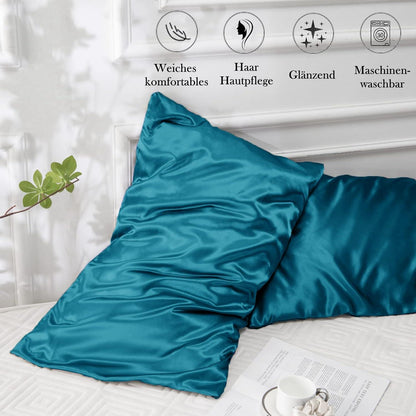Vielit 2er Set Satin Kissenbezug 50x70 Petrol Haarschutz mit Haargummis 50x70cm