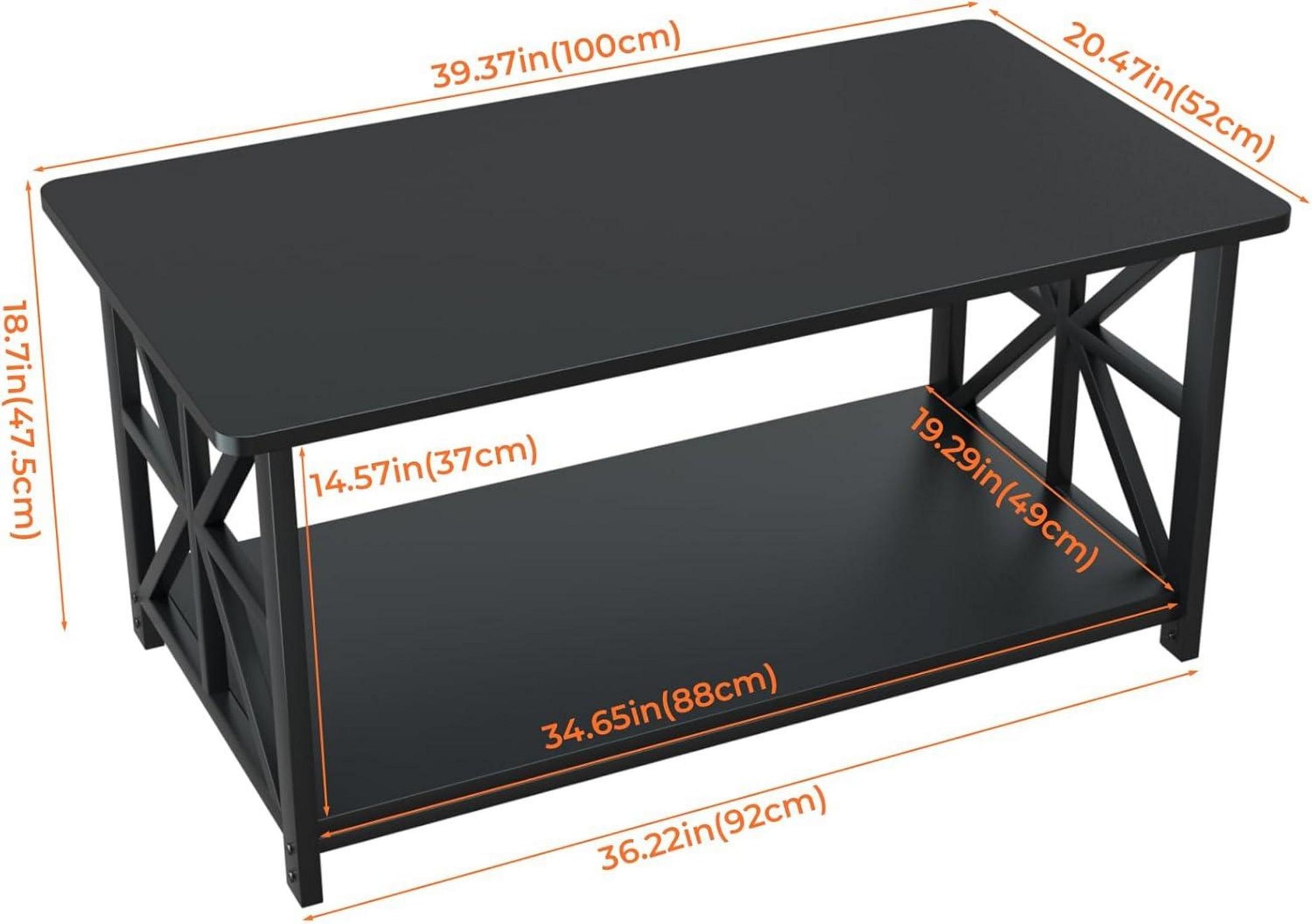 Couchtisch mit Stauraum und Regal, Industriestil, Schwarz