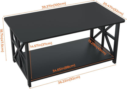 Couchtisch mit Stauraum und Regal, Industriestil, Schwarz