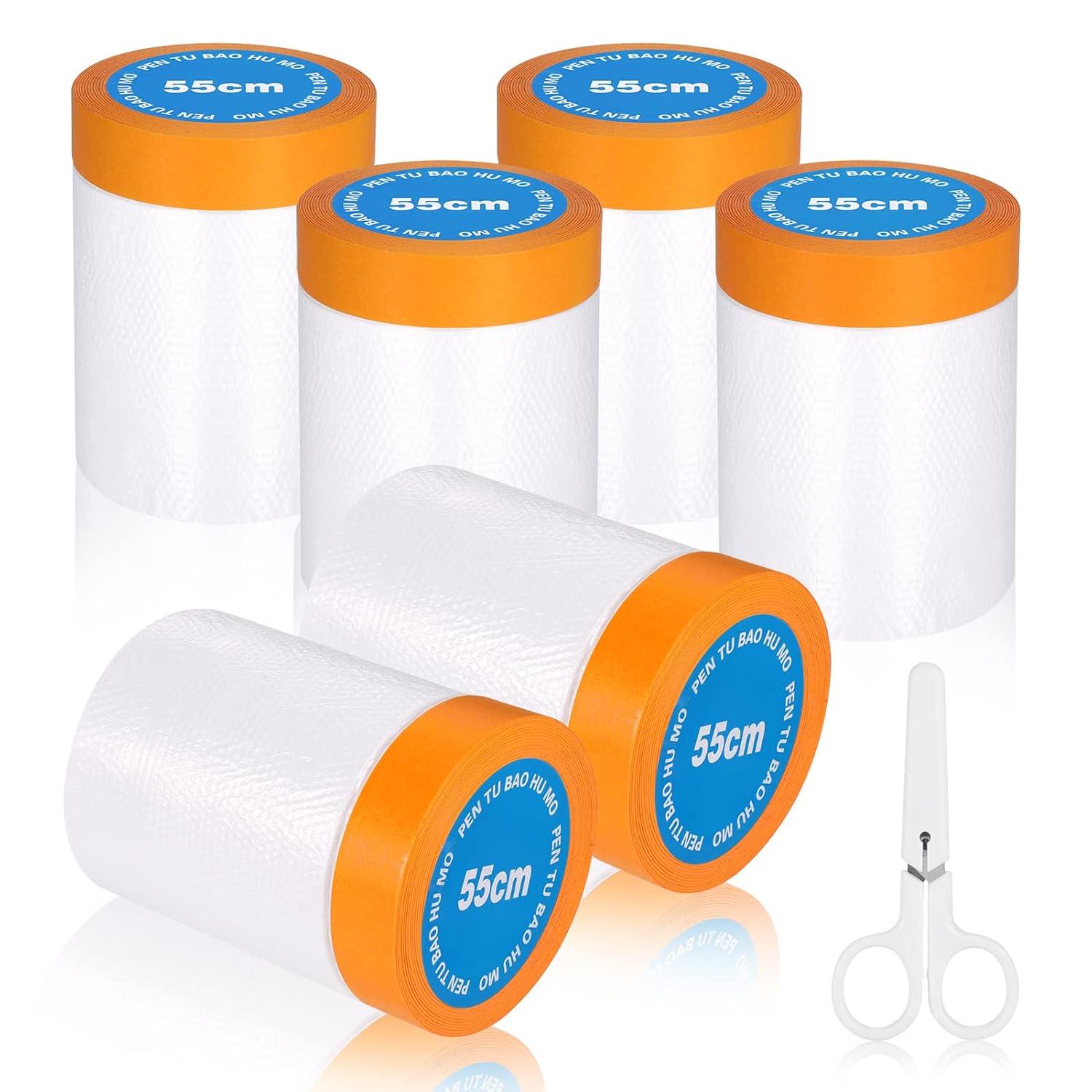 Abdeckfolie mit Klebeband, Malerfolie 6 Rollen 20m x 55cm Transparent