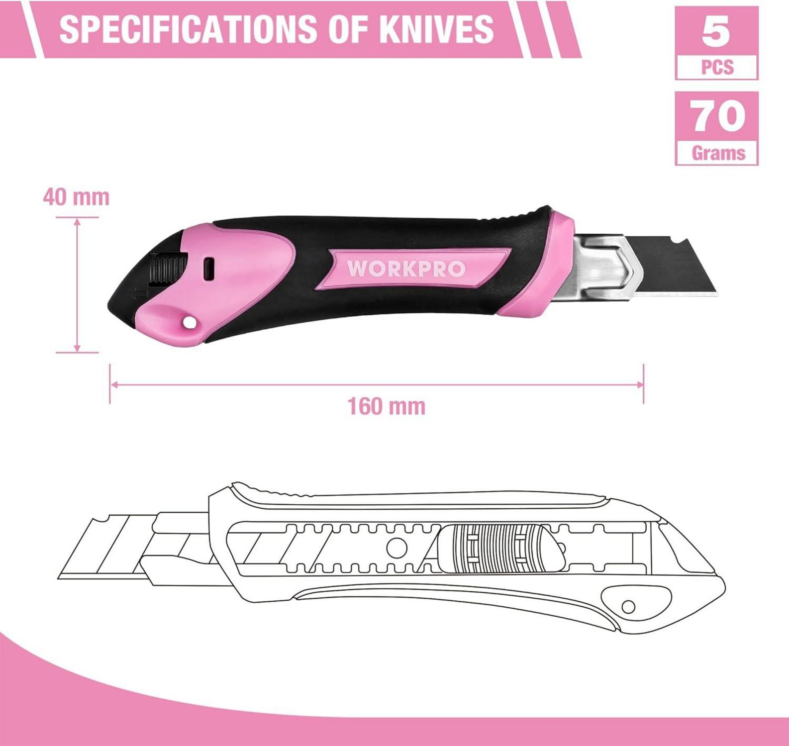 Cuttermesser Set 5 Stück mit 20 Ersatzklingen SK5 18mm Gummigriff Rosa