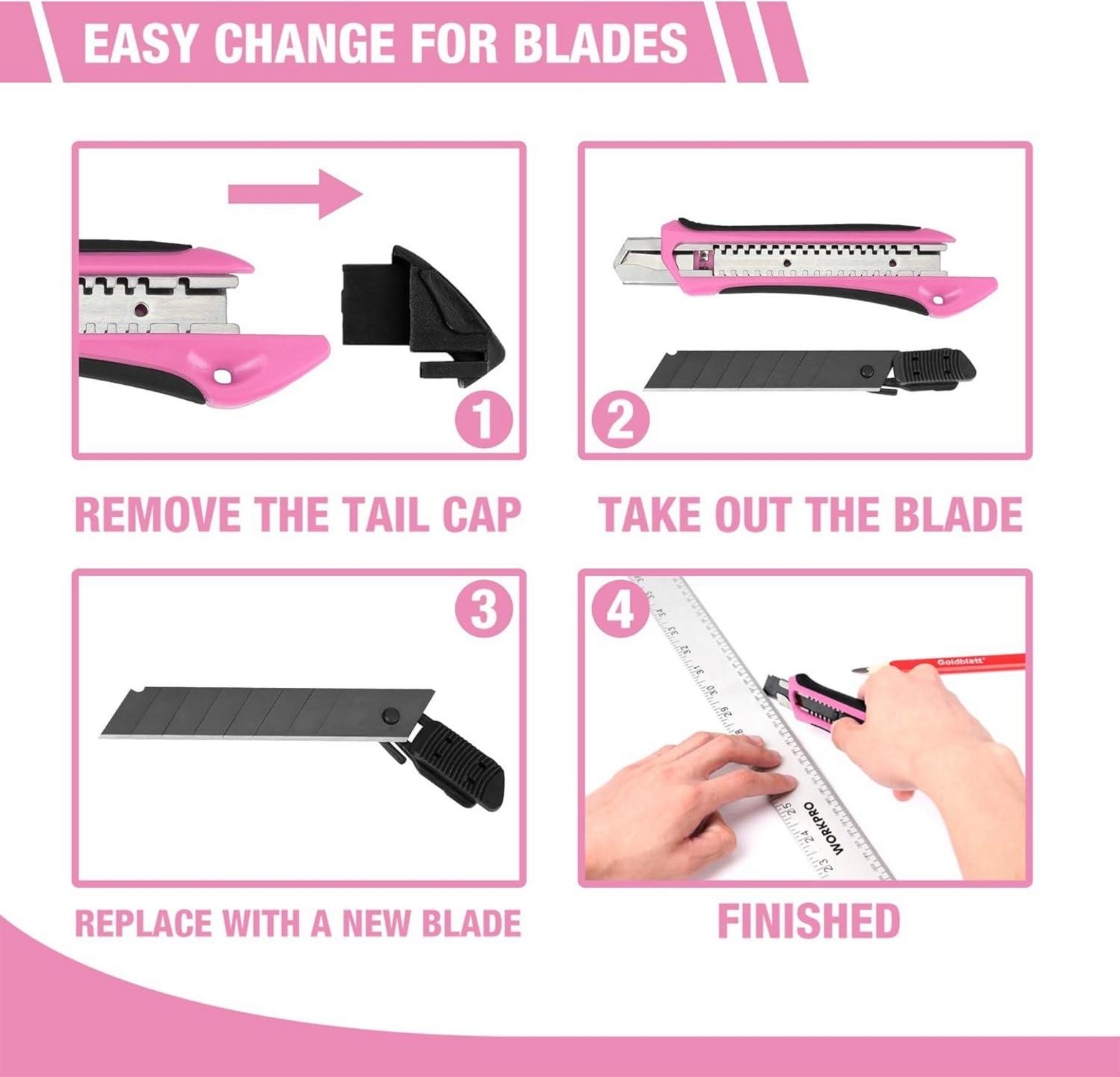Cuttermesser Set 5 Stück 18mm SK5 Klingen Gummigriff Rosa Schwarz