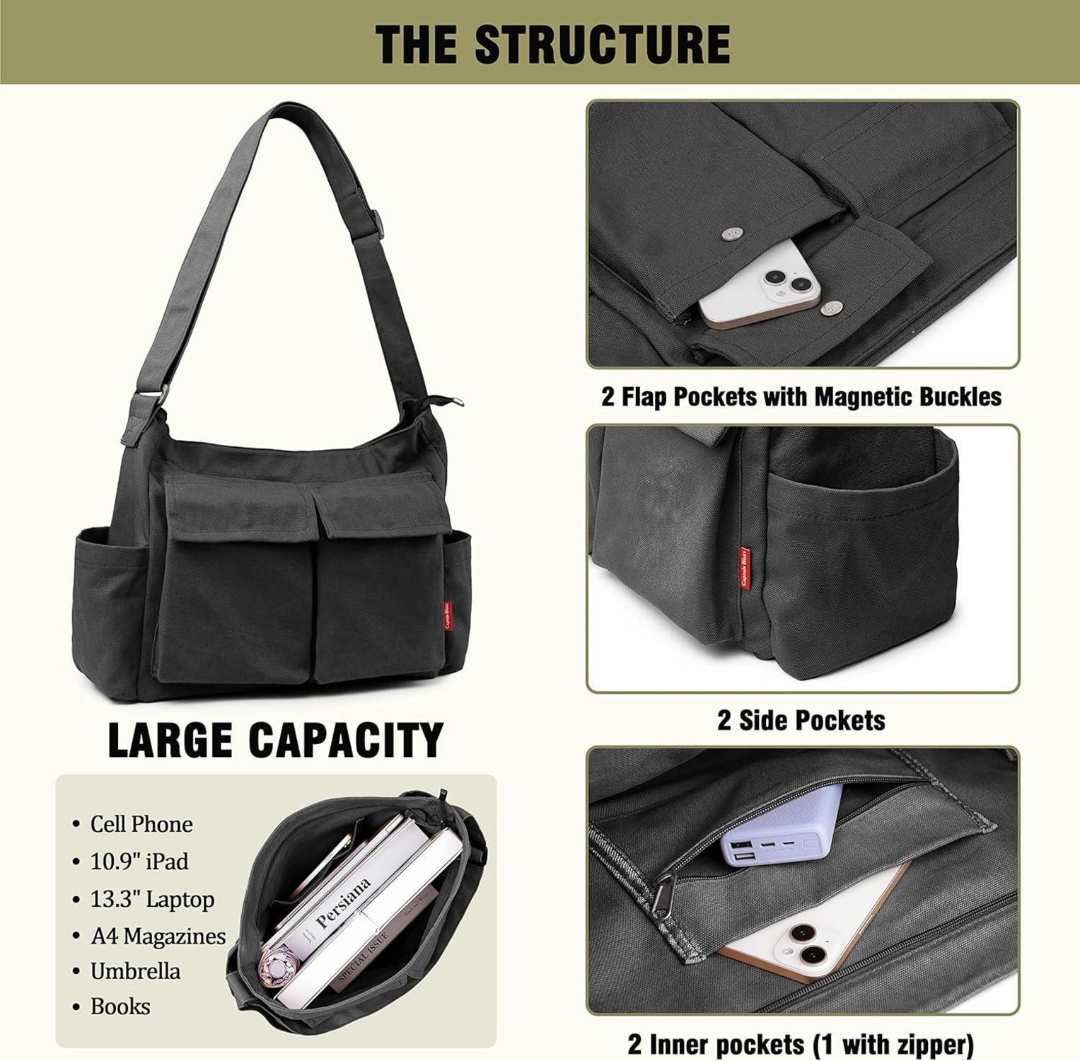Canvas Messenger Bag Umhängetasche Crossbody Schulter Tote Hobo Bag Große Tasche