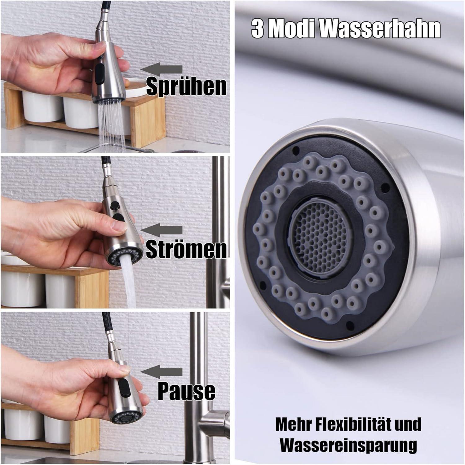 Hochdruck Küchenarmatur Ausziehbar 360° Schwenkbar 3 Modus Brause