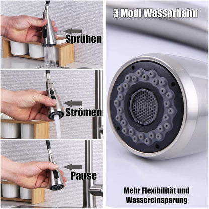 Hochdruck Küchenarmatur Ausziehbar 360° Schwenkbar 3 Modus Brause