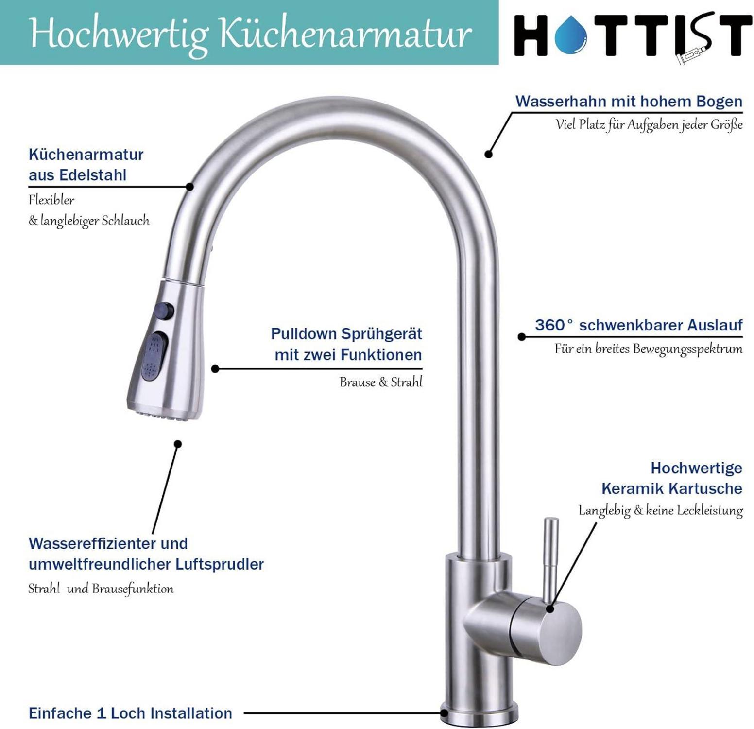 Wasserhahn Küche Hochdruck Ausziehbar 360° Schwenkbar Brause 3 Modus