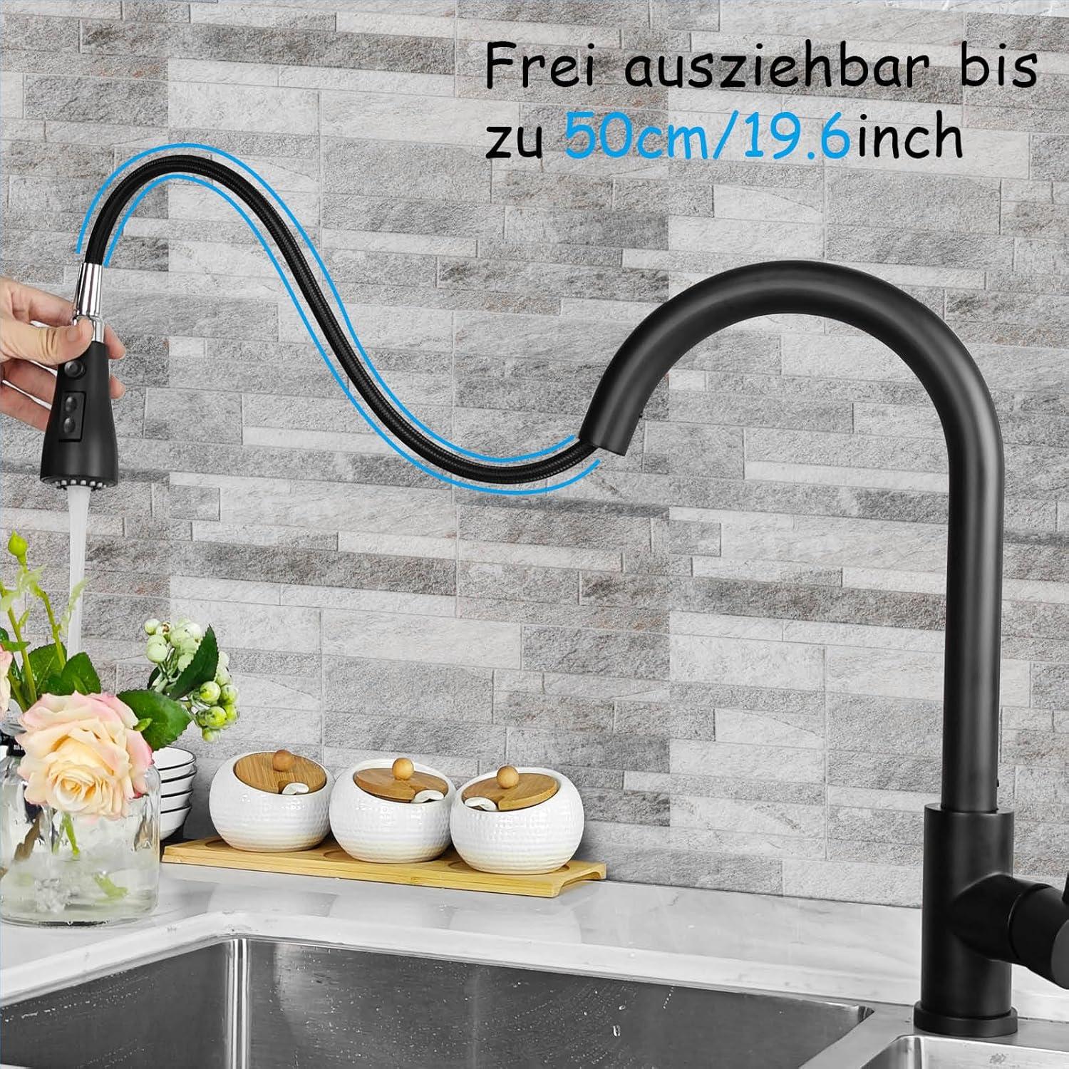 Hochdruck Küchenarmatur Ausziehbar Schwarz Matt 3 Modus