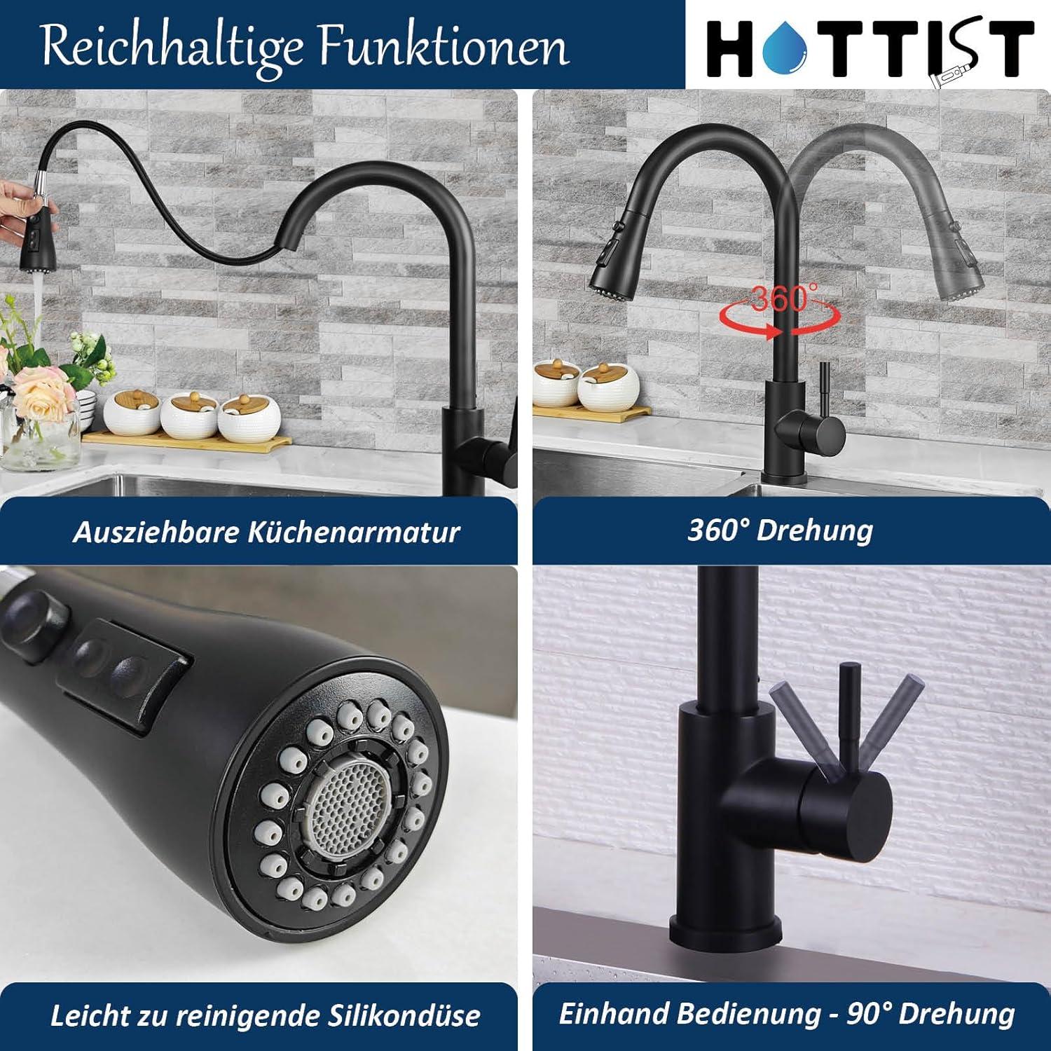 Schwarzer Hochdruck-Ausziehbarer Küchenarmatur,Tap Küche 3 Modus