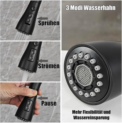 Hochwertiger Schwarz Edelstahl Küchenarmatur Ausziehbar 360° mit Brause 3 Modus