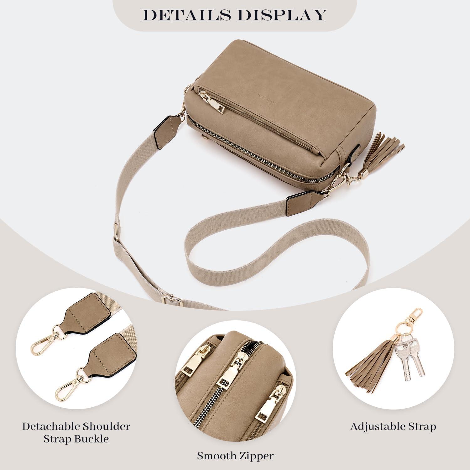 Damen Umhängetasche Veganleder Crossbody Abendtasche mit 3 Reißverschlussfächern