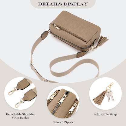 Damen Umhängetasche Veganleder Crossbody Abendtasche mit 3 Reißverschlussfächern