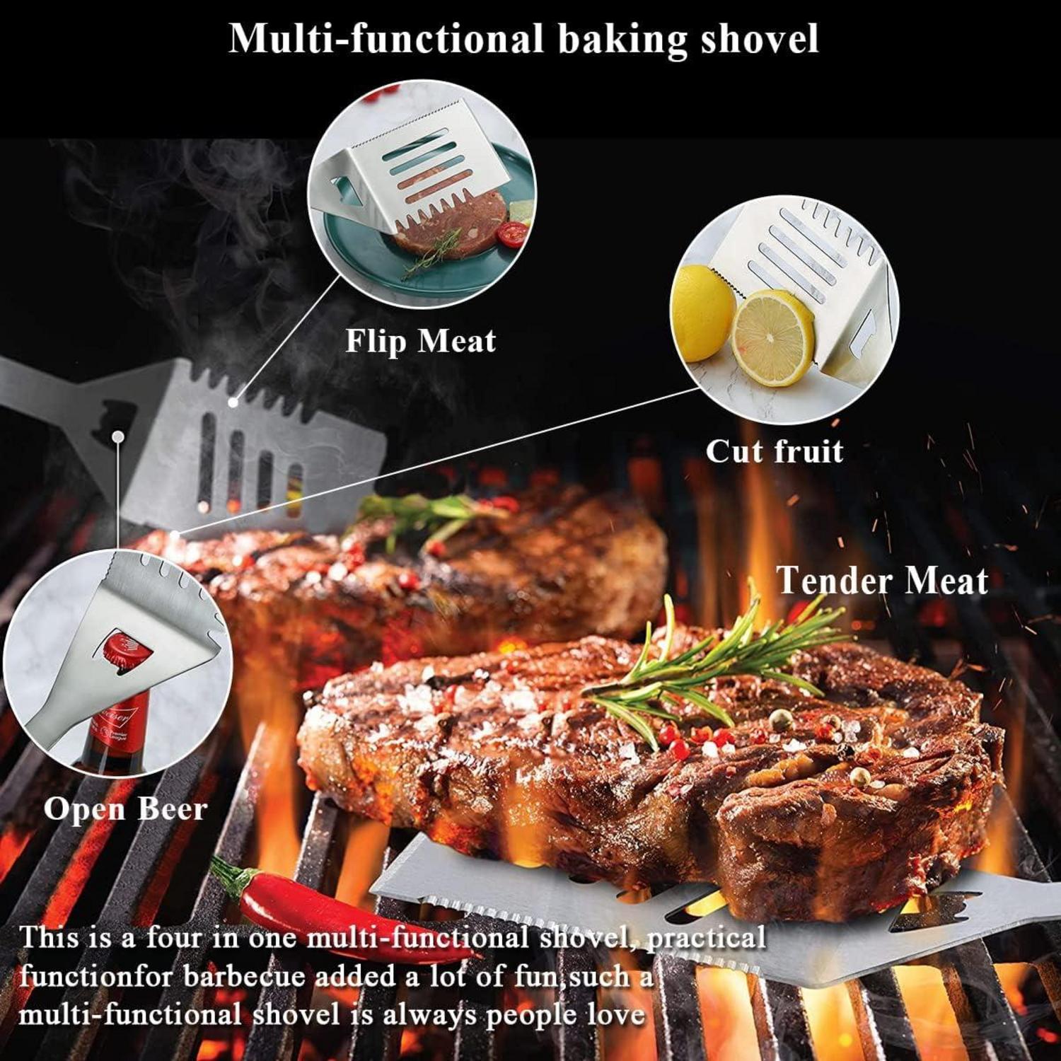 BBQ Grillbesteck Set, 10-teilig, Edelstahl, hitzebeständig, mit Utensilienhalter