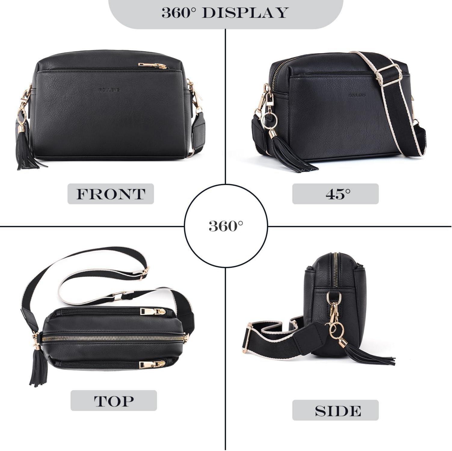 Damen Umhängetasche Veganem Leder Crossbody Schwarz mit 3