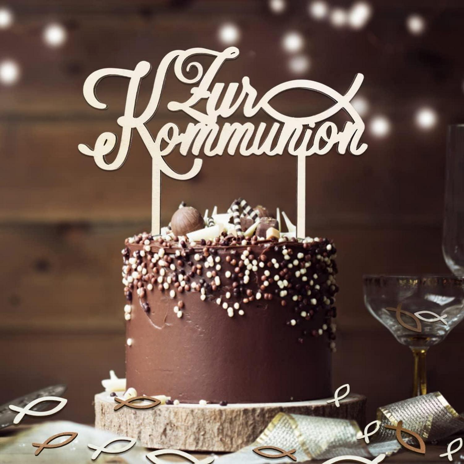 Cake Topper Kommunion Holz 1 Stück & 48 Holz Fische Tischdeko