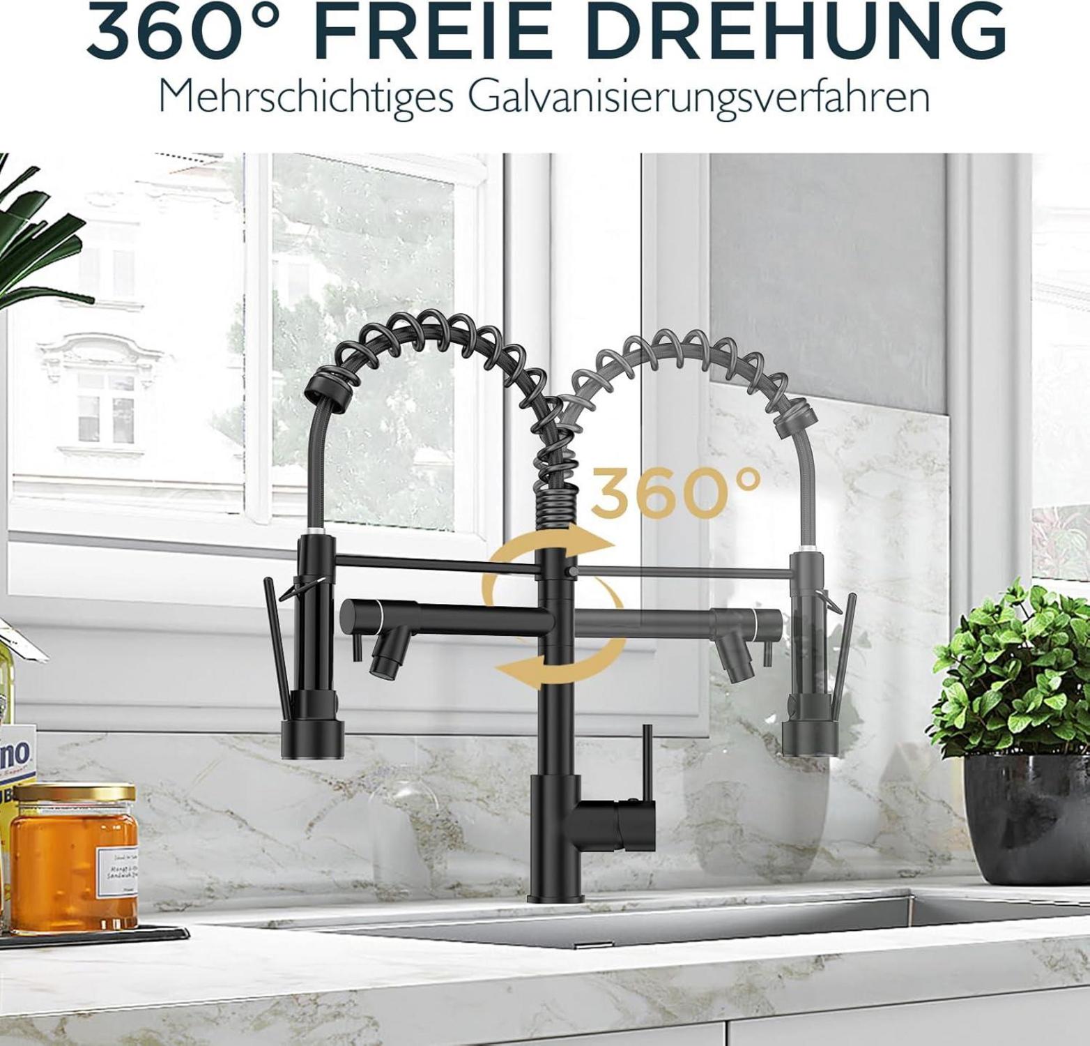 Wasserhahn Küche Schwarz Edelstahl Spülarmatur Zweigriff 360° Doppelspray
