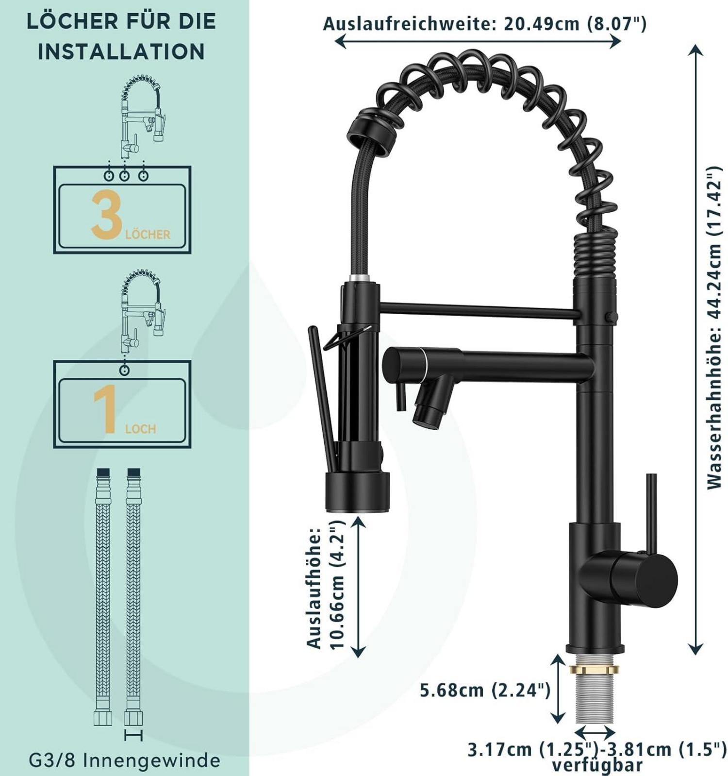 Wasserhahn Küche Schwarz Edelstahl Spülarmatur Zweigriff 360° Doppelspray