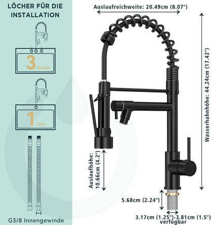 Wasserhahn Küche Schwarz Edelstahl Spülarmatur Zweigriff 360° Doppelspray