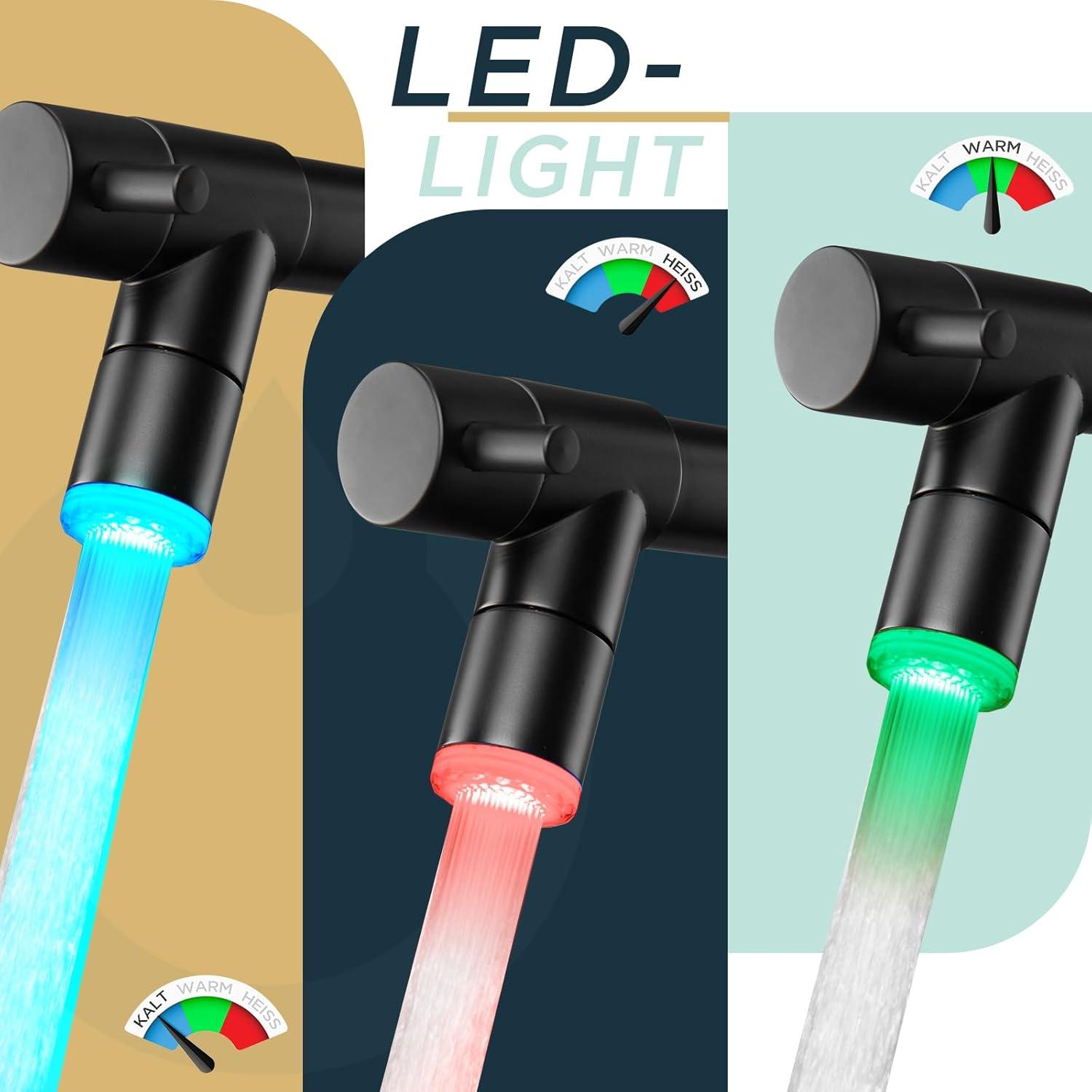 FORIOUS LED Wasserhahn Küche Edelstahl mit Doppelspray 360° Schwenkbarkeit