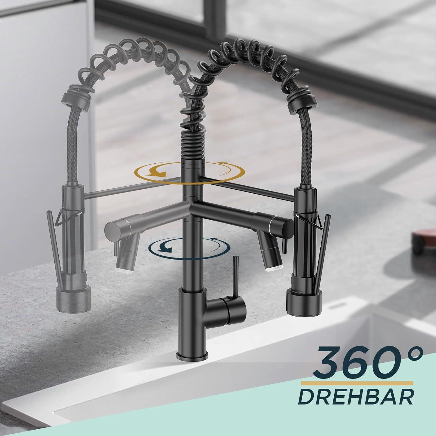 Edelstahl Küchenarmatur mit LED und 360°-Schwenkbarkeit - Schwarz