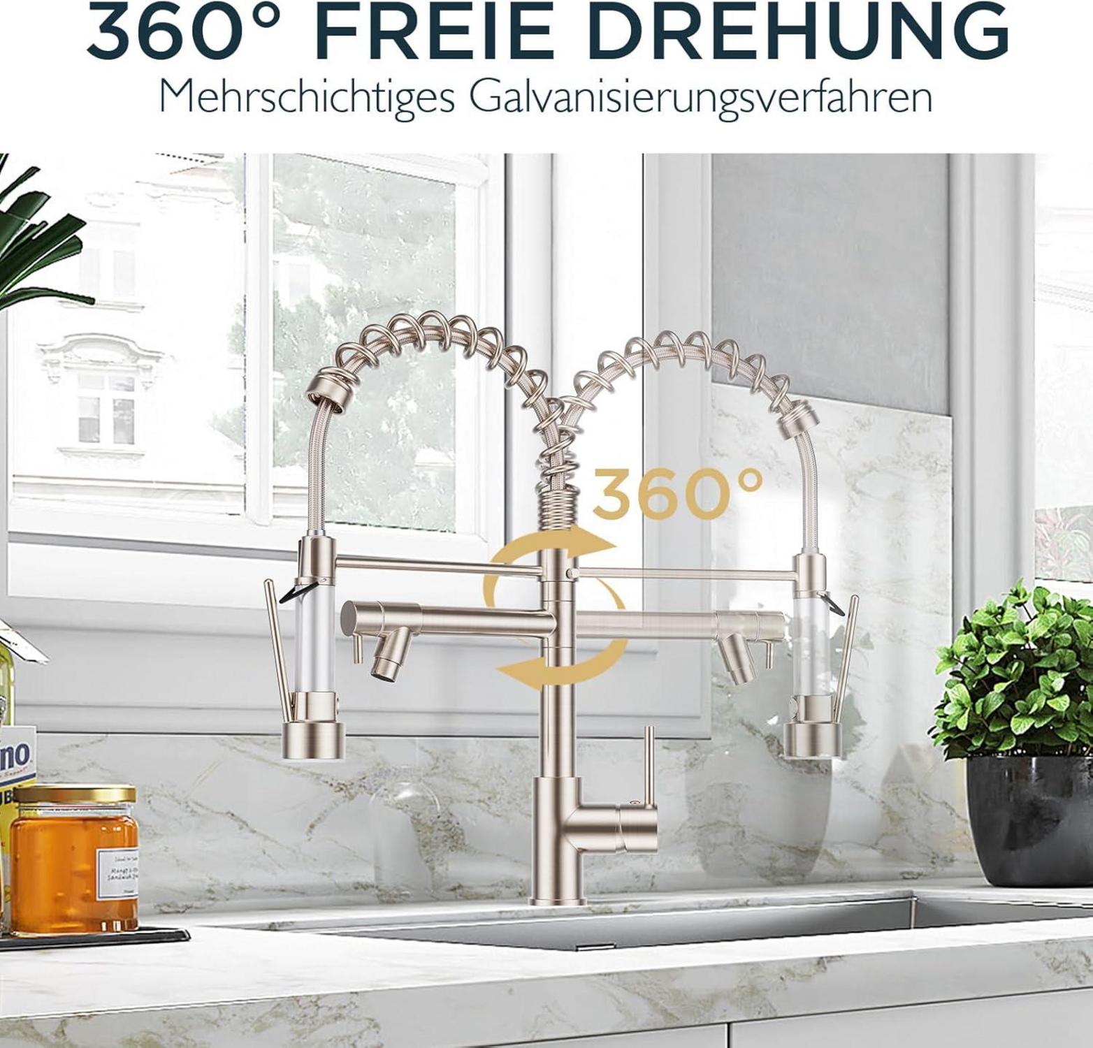 FORIOUS Schwarz Edelstahl Küchenarmatur mit Zweigriff 360° Schwenkbarkeit